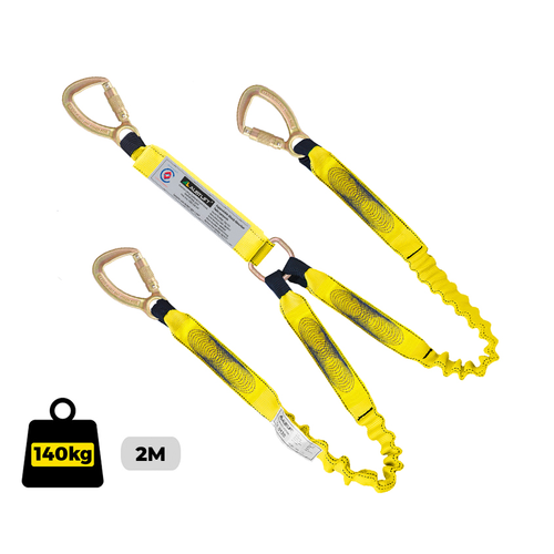 Double elasticated 2m energy-absorbing safety lanyard with triple-action hooks