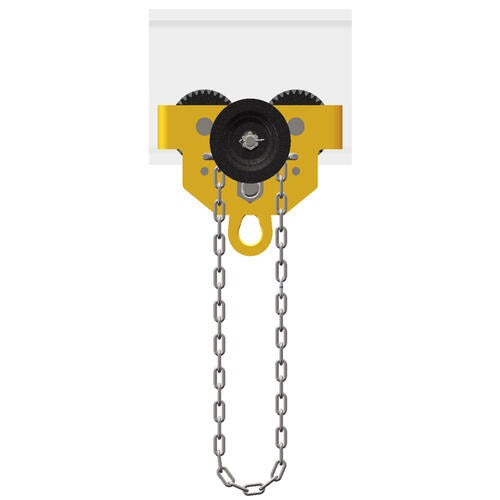 This Geared Trolley 3M Model GT01 is a hand-operated geared trolley designed to run on the bottom flange of a monorail beam.