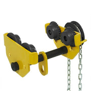 This Geared Trolley 3M Model GT01 is a hand-operated geared trolley designed to run on the bottom flange of a monorail beam.