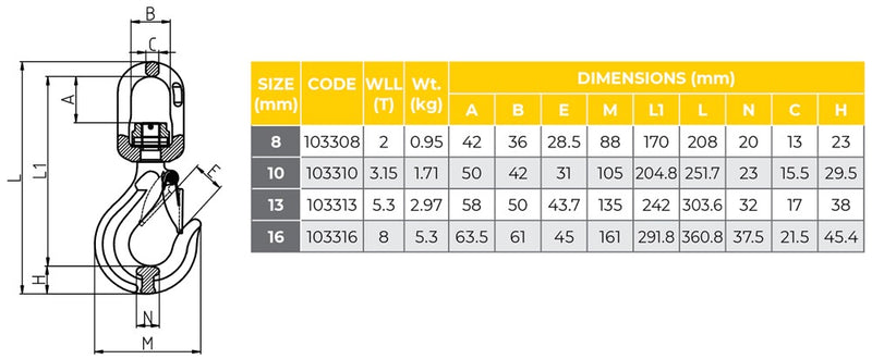 G80 Swivel Hook with Safety Catch Ball Bearing Type SS