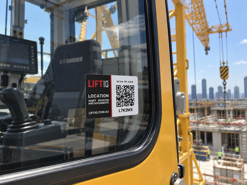 LIFTIQ QR location sticker on a crane cab window for accessing the location register and equipment status