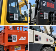 LIFTIQ QR location stickers shown on a crane cab, truck-mounted crane and lifting machinery