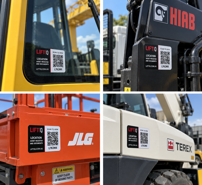 LIFTIQ QR location stickers shown on a crane cab, truck-mounted crane and lifting machinery
