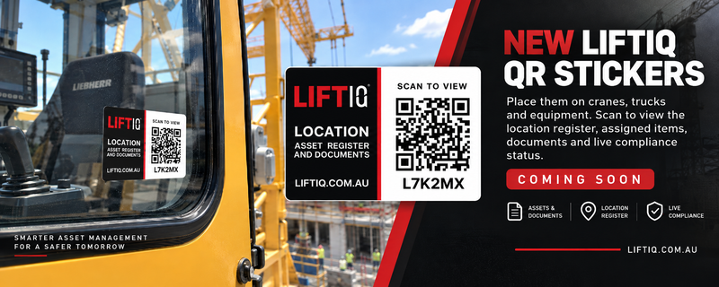 LIFTIQ QR Stickers coming-soon banner showing a location sticker, asset register and documents