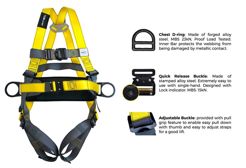 Maxi Construction Harness chest D-ring, quick release and adjustment buckle specification
