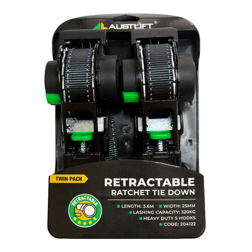 Retractable Ratchet Tie Down Straps - 25mm x 3.6m 320kg