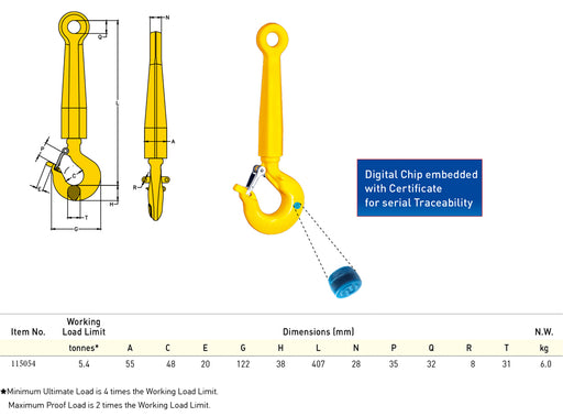 ROV Shank Hook Yoke 5.4t (Code 115054) dimension reference diagram — A, C, E, G, H, L, N, P, Q, R, T